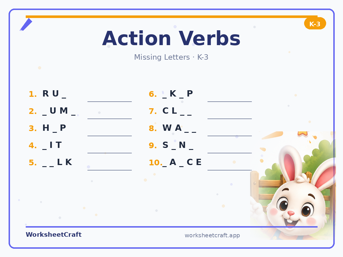 Free printable action verbs Missing Letters worksheet PDF for Grades K–3