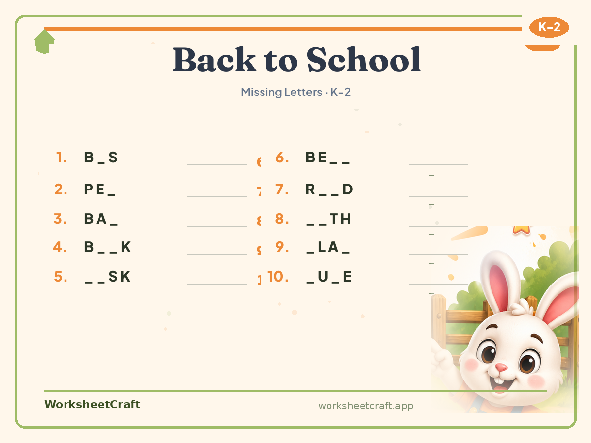 Free printable back to school Missing Letters worksheet PDF for Grades K–2