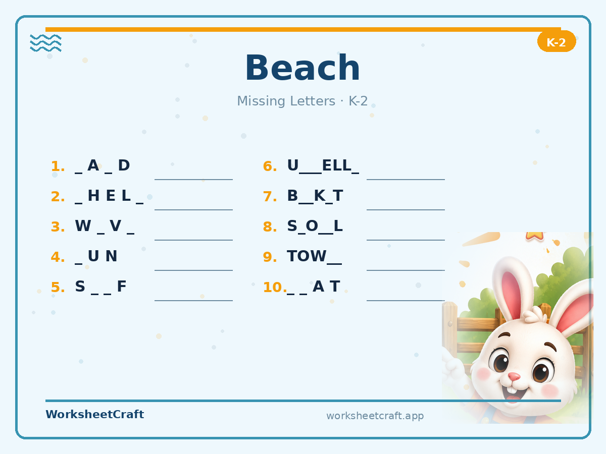 Free printable beach Missing Letters worksheet PDF for Grades K–2