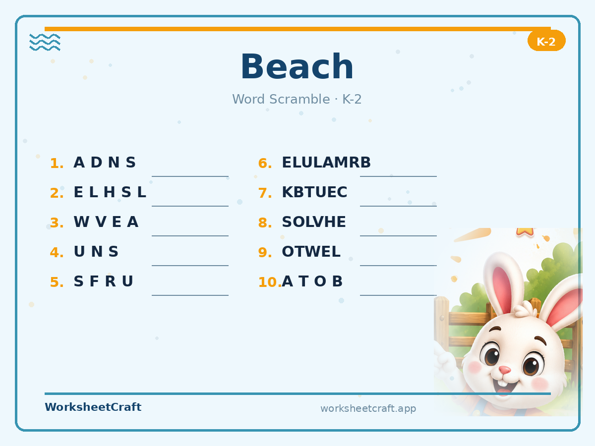 Free printable beach Word Scramble worksheet PDF for Grades K–2