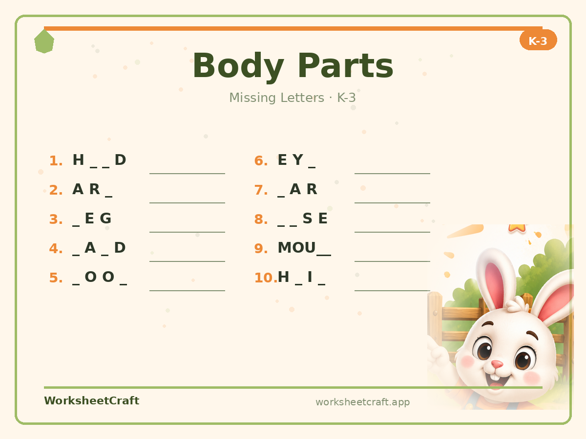 Free printable body parts Missing Letters worksheet PDF for Grades K–3