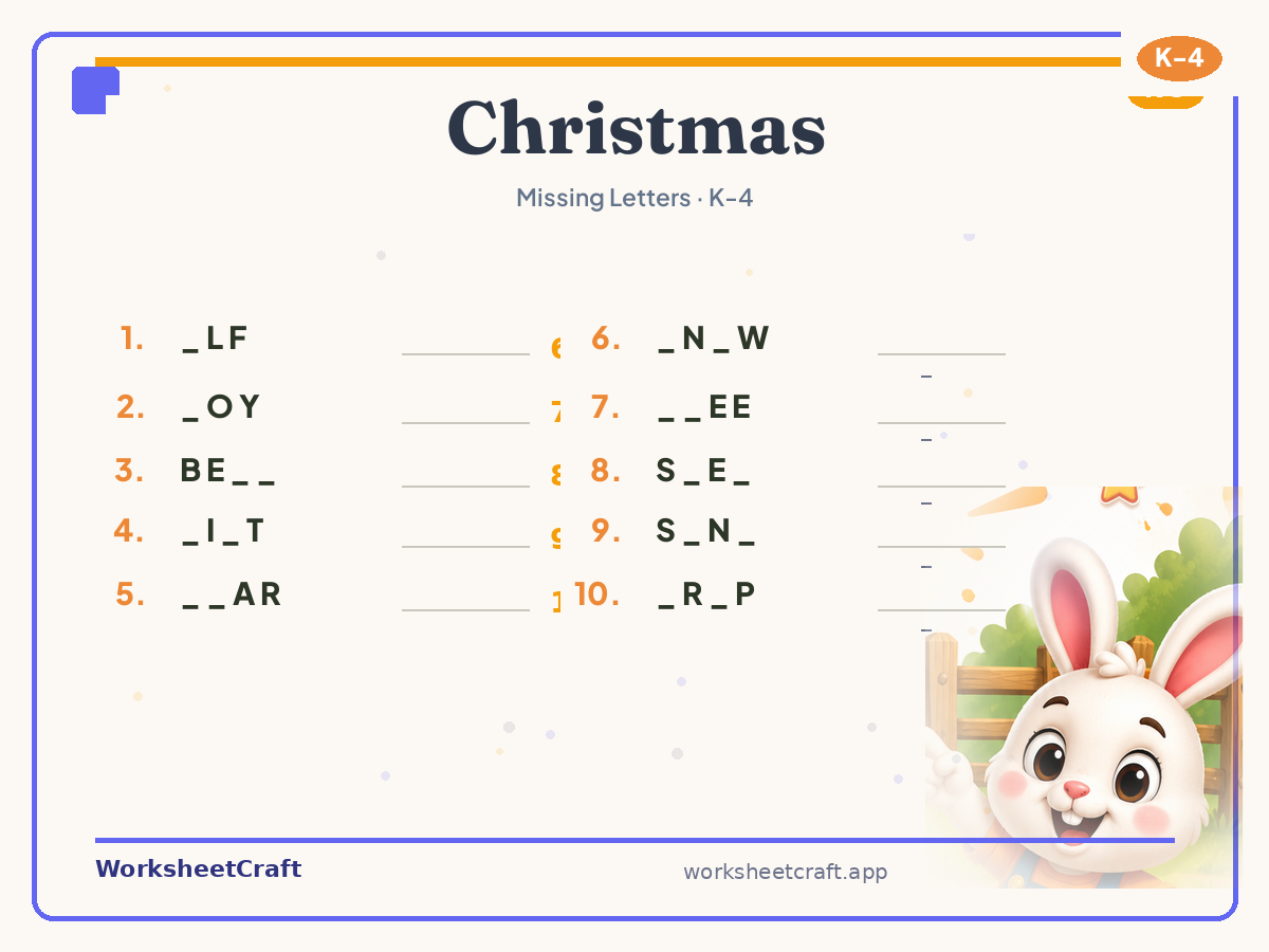 Free printable christmas Missing Letters worksheet PDF for Grades K–4
