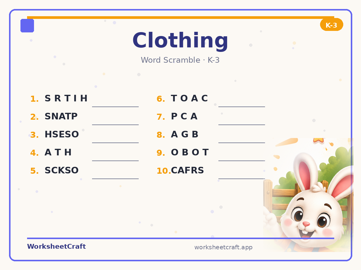 Free printable clothing Word Scramble worksheet PDF for Grades K–3