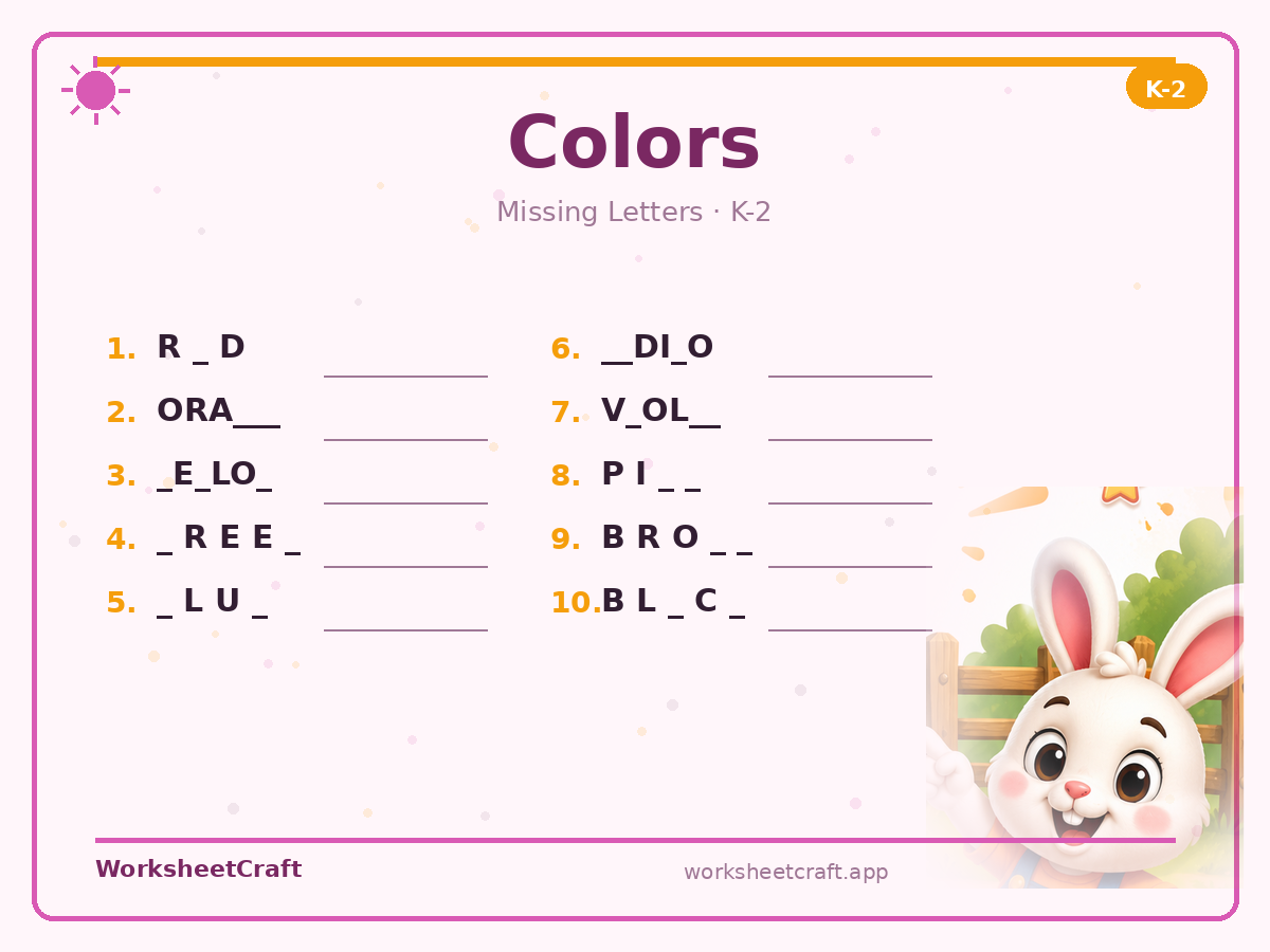 Free printable colors Missing Letters worksheet PDF for Grades K–2