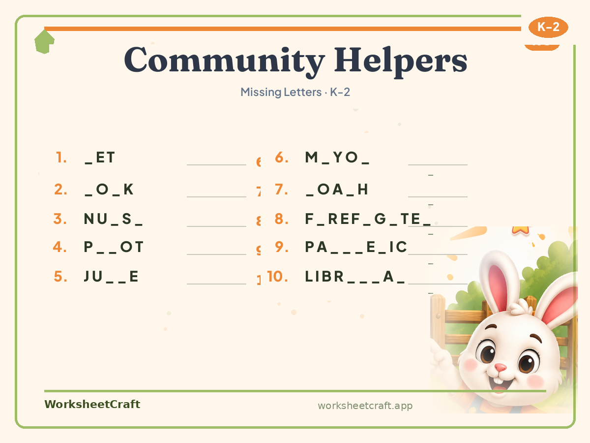 Free printable community helpers Missing Letters worksheet PDF for Grades K–2