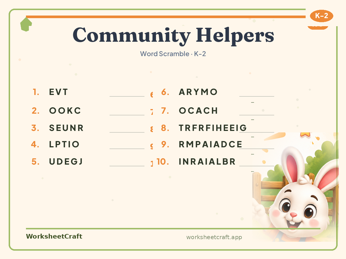 Free printable community helpers Word Scramble worksheet PDF for Grades K–2