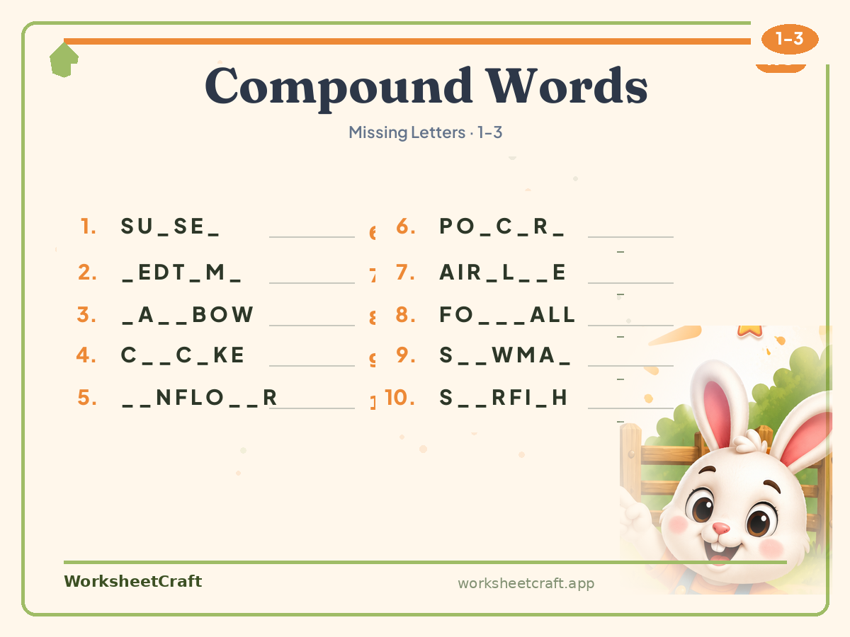 Free printable compound words Missing Letters worksheet PDF for Grades 1–3