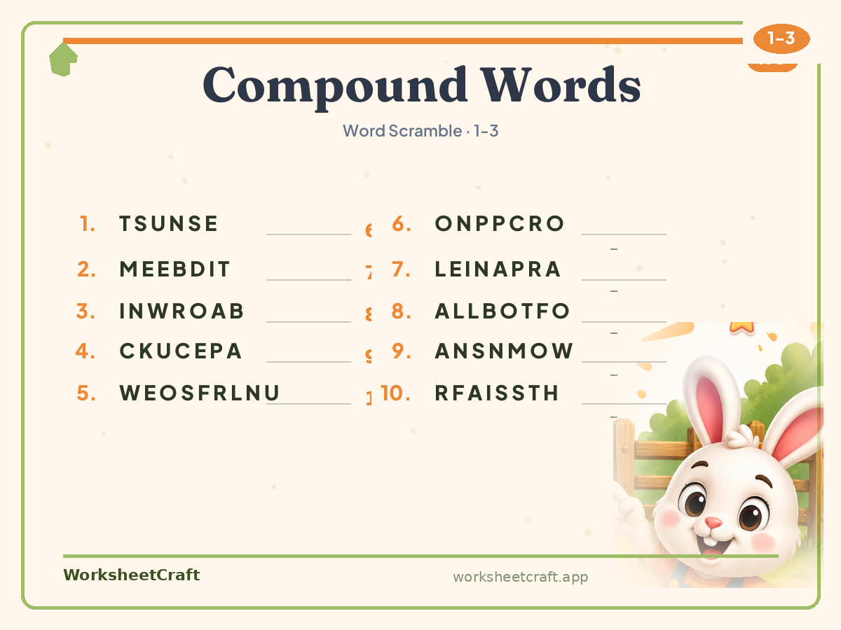 Free printable compound words Word Scramble worksheet PDF for Grades 1–3