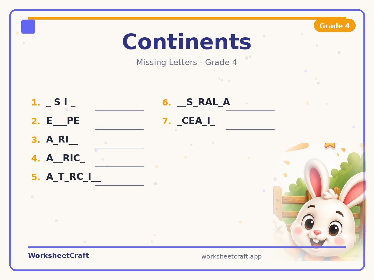 Free printable continents Missing Letters worksheet PDF for Grade 4