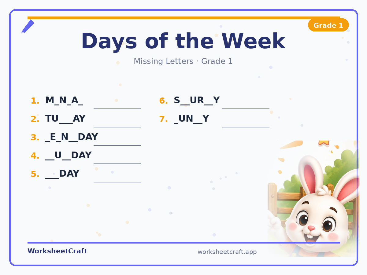 Free printable days of the week Missing Letters worksheet PDF for Grade 1