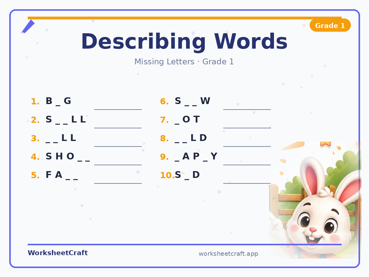 Free printable describing words Missing Letters worksheet PDF for Grade 1