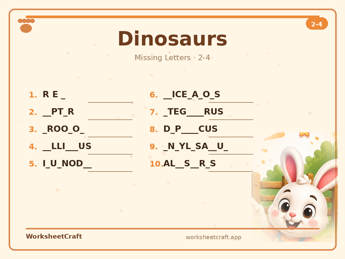 Free printable dinosaurs Missing Letters worksheet PDF for Grades 2–4