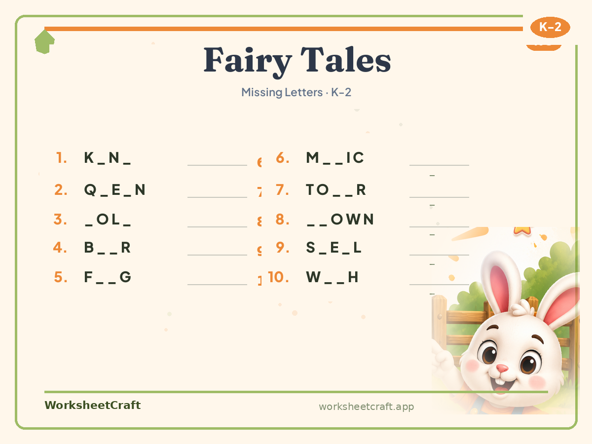 Free printable fairy tales Missing Letters worksheet PDF for Grades K–2