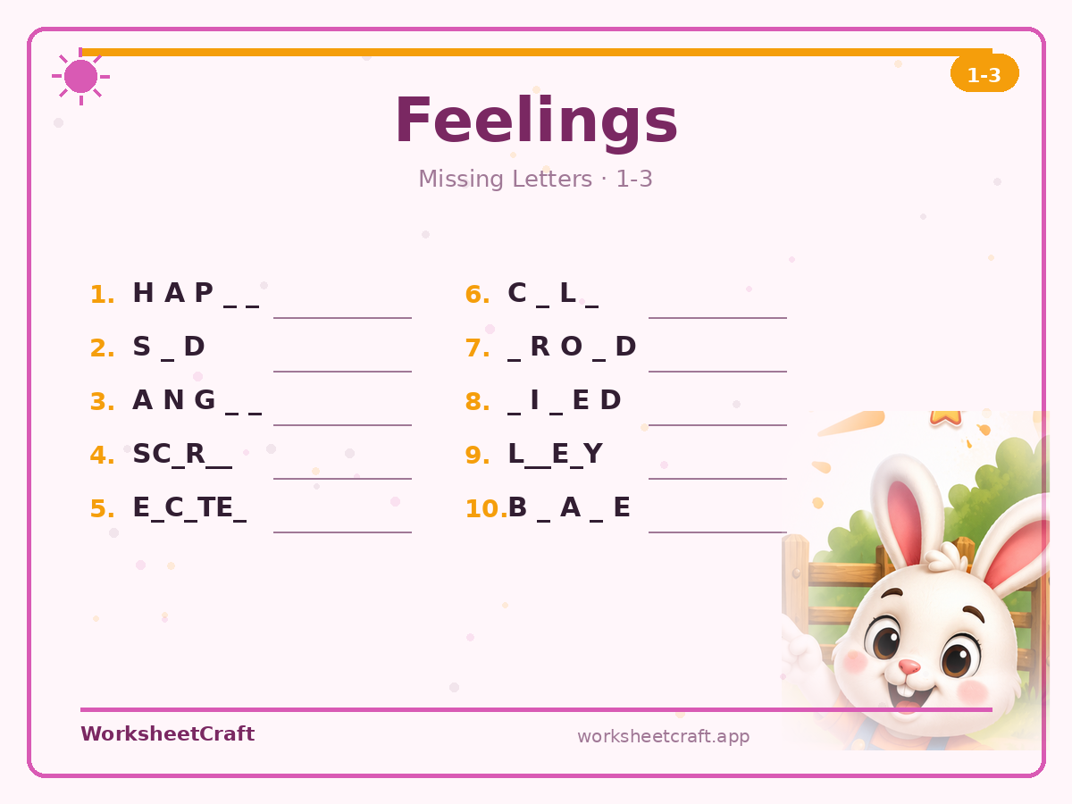 Free printable feelings Missing Letters worksheet PDF for Grades 1–3