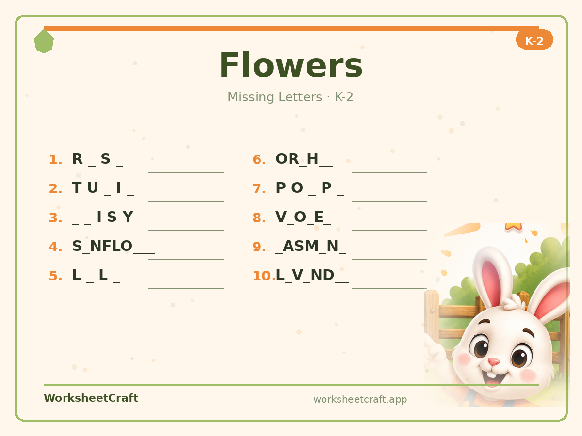 Free printable flowers Missing Letters worksheet PDF for Grades K–2