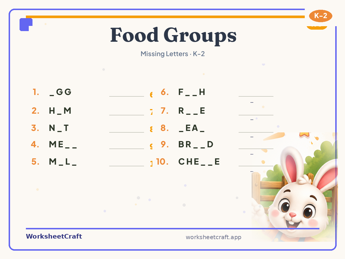 Free printable food groups Missing Letters worksheet PDF for Grades K–2