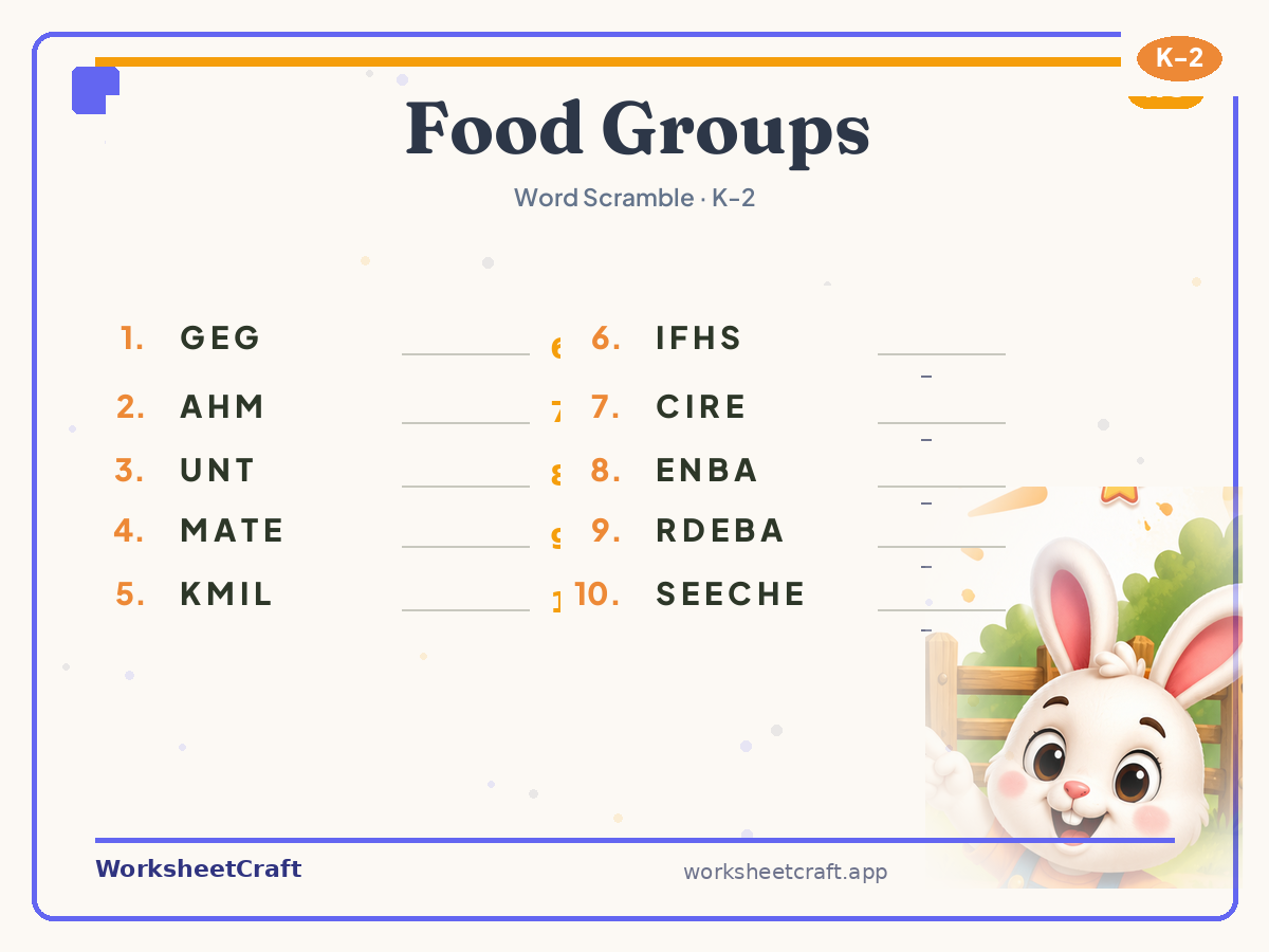 Free printable food groups Word Scramble worksheet PDF for Grades K–2