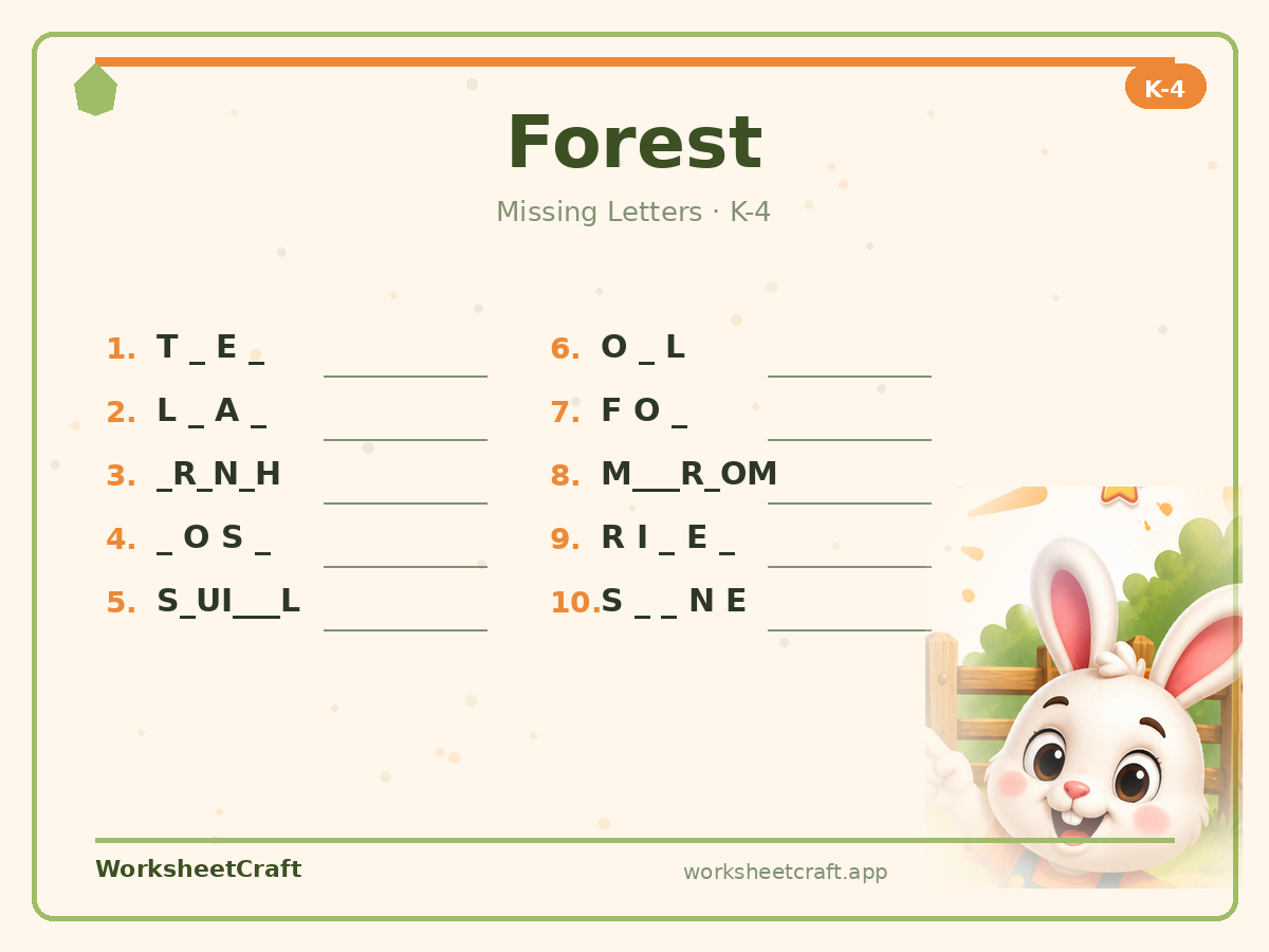 Free printable forest Missing Letters worksheet PDF for Grades K–4