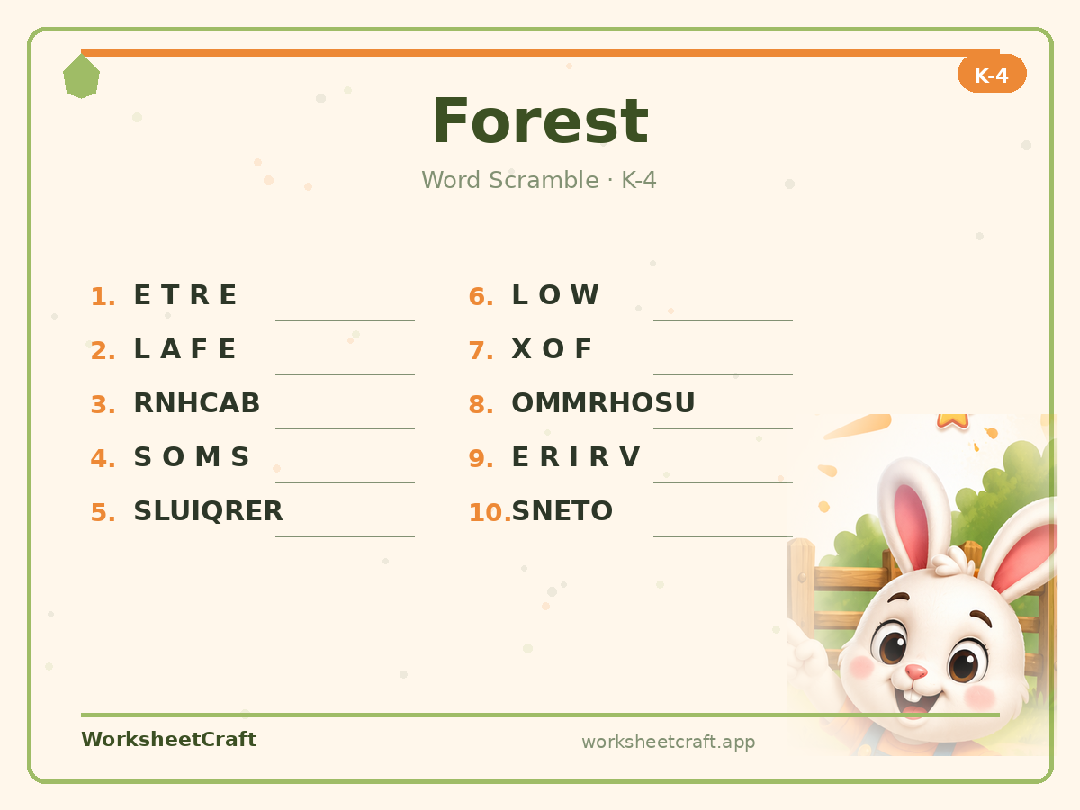 Free printable forest Word Scramble worksheet PDF for Grades K–4