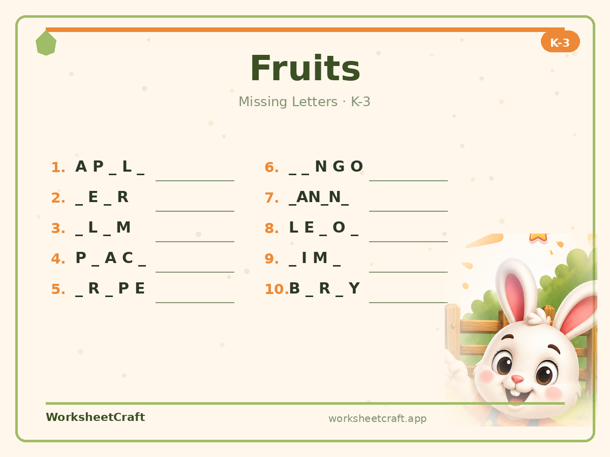 Free printable fruits Missing Letters worksheet PDF for Grades K–3