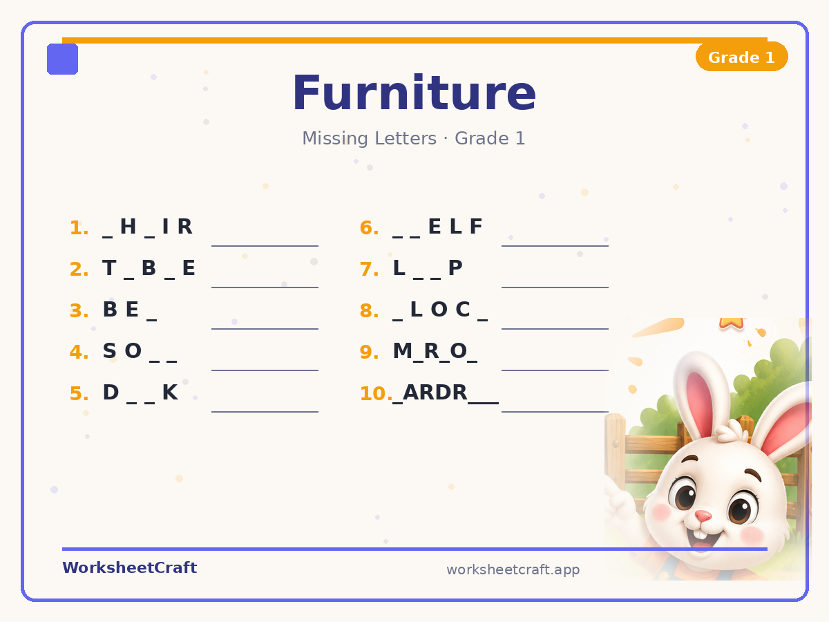 Free printable furniture Missing Letters worksheet PDF for Grade 1