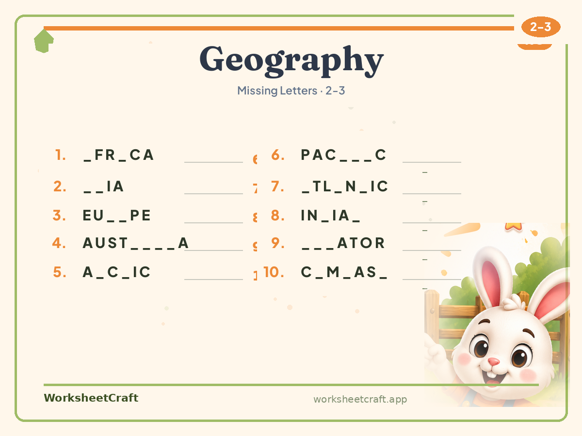 Free printable geography Missing Letters worksheet PDF for Grades 2–3