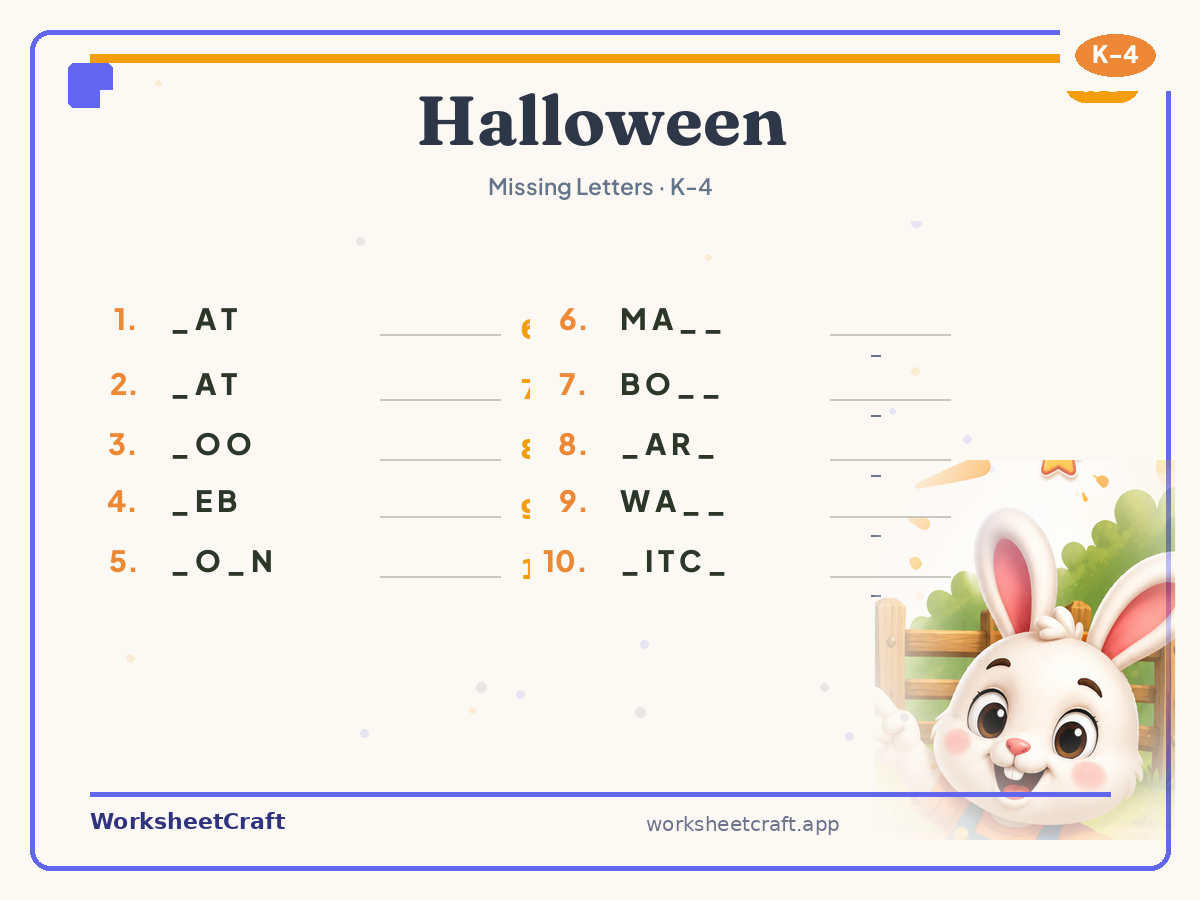 Free printable halloween Missing Letters worksheet PDF for Grades K–4