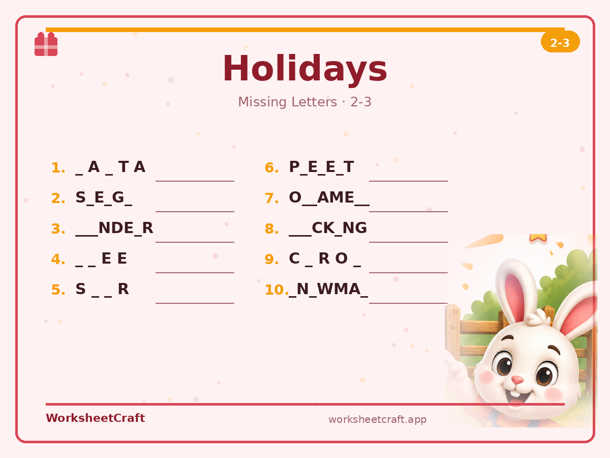Free printable holidays Missing Letters worksheet PDF for Grades 2–3