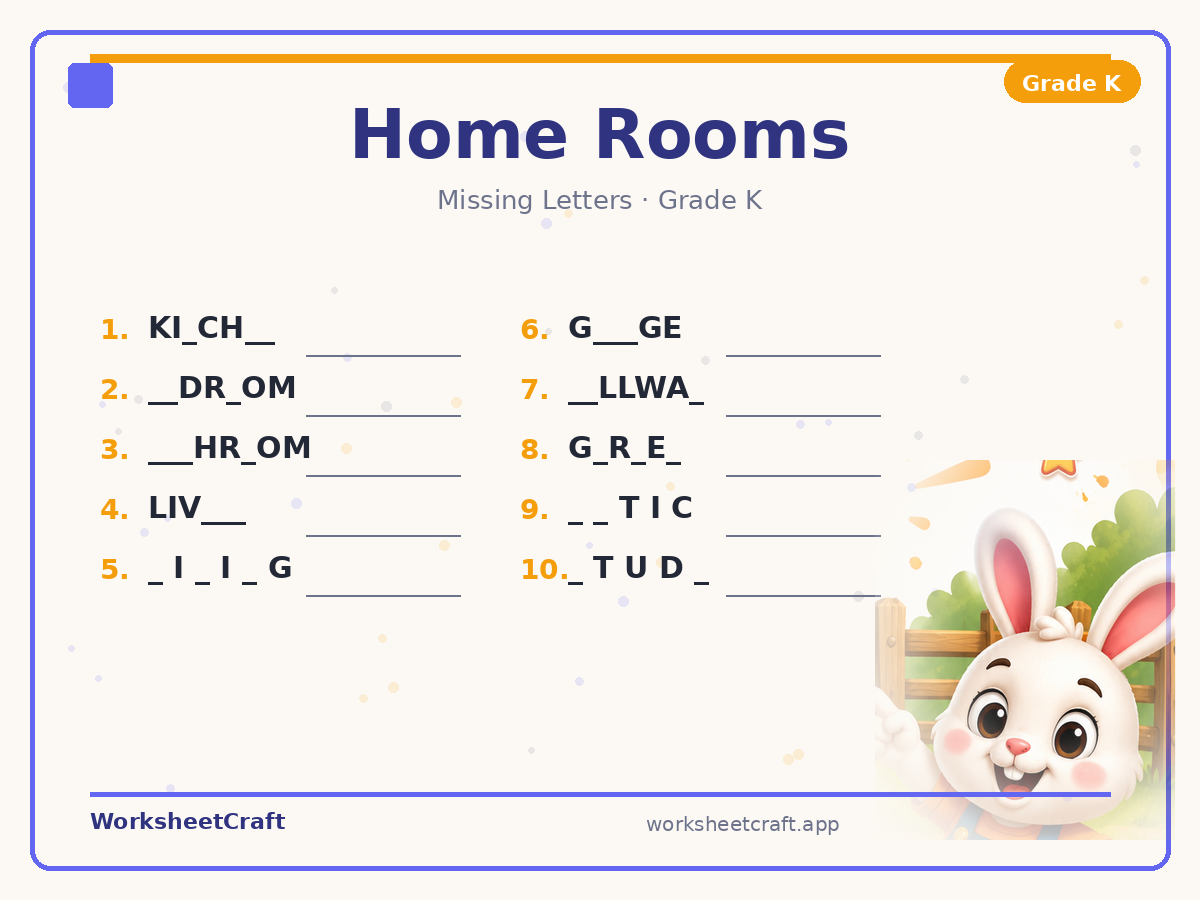 Free printable home rooms Missing Letters worksheet PDF for Grade K