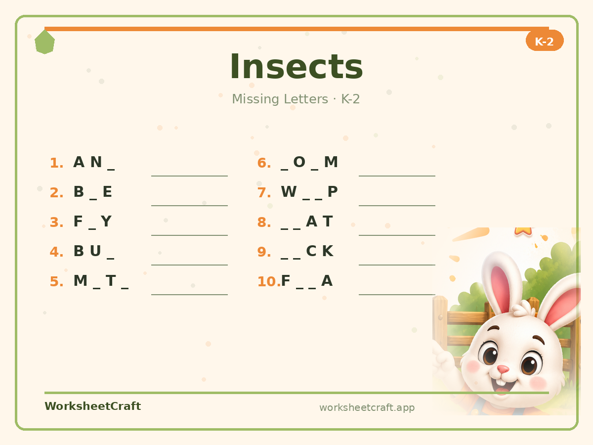 Free printable insects Missing Letters worksheet PDF for Grades K–2