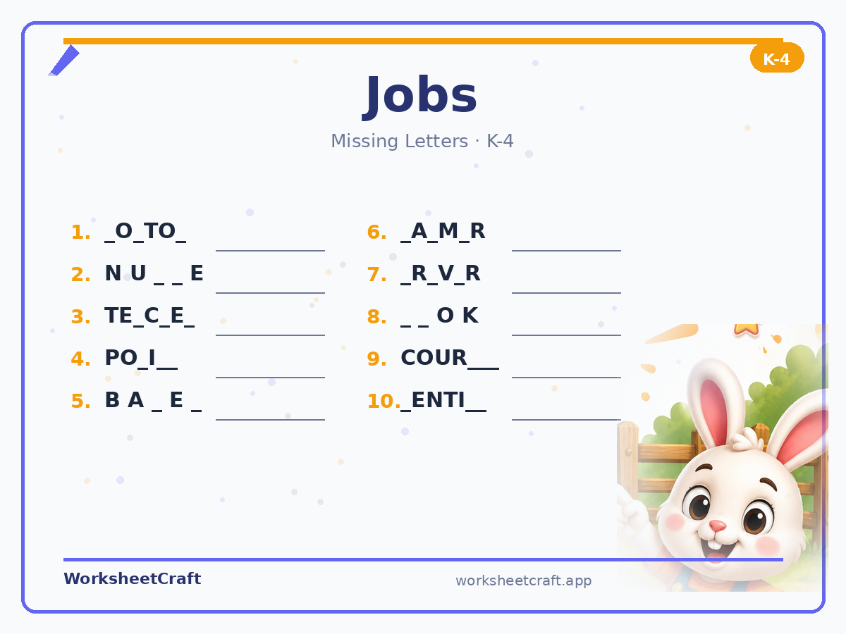 Free printable jobs Missing Letters worksheet PDF for Grades K–4