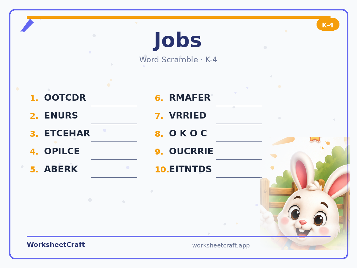 Free printable jobs Word Scramble worksheet PDF for Grades K–4