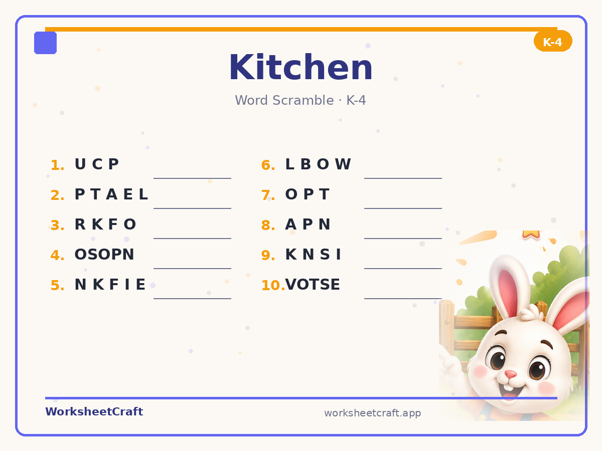 Free printable kitchen Word Scramble worksheet PDF for Grades K–4