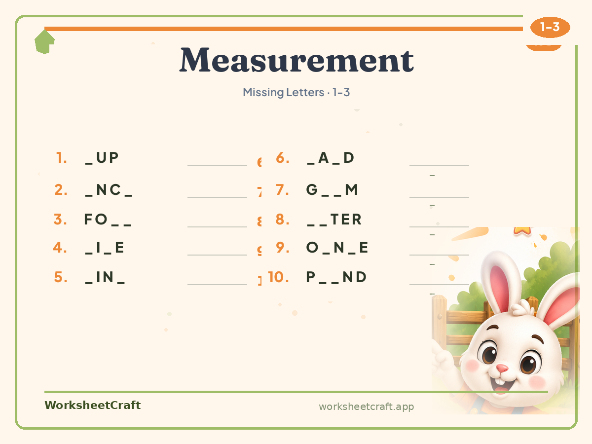 Free printable measurement Missing Letters worksheet PDF for Grades 1–3