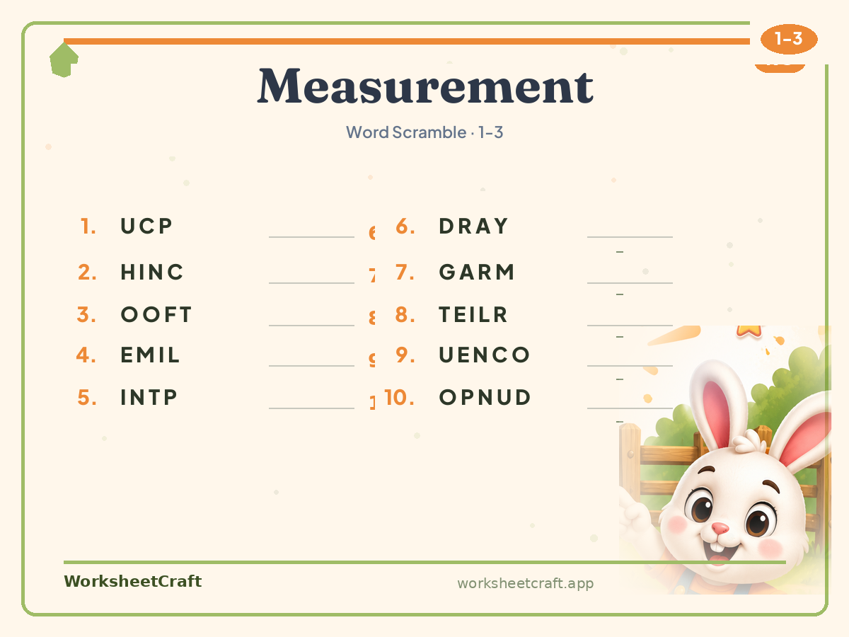 Free printable measurement Word Scramble worksheet PDF for Grades 1–3