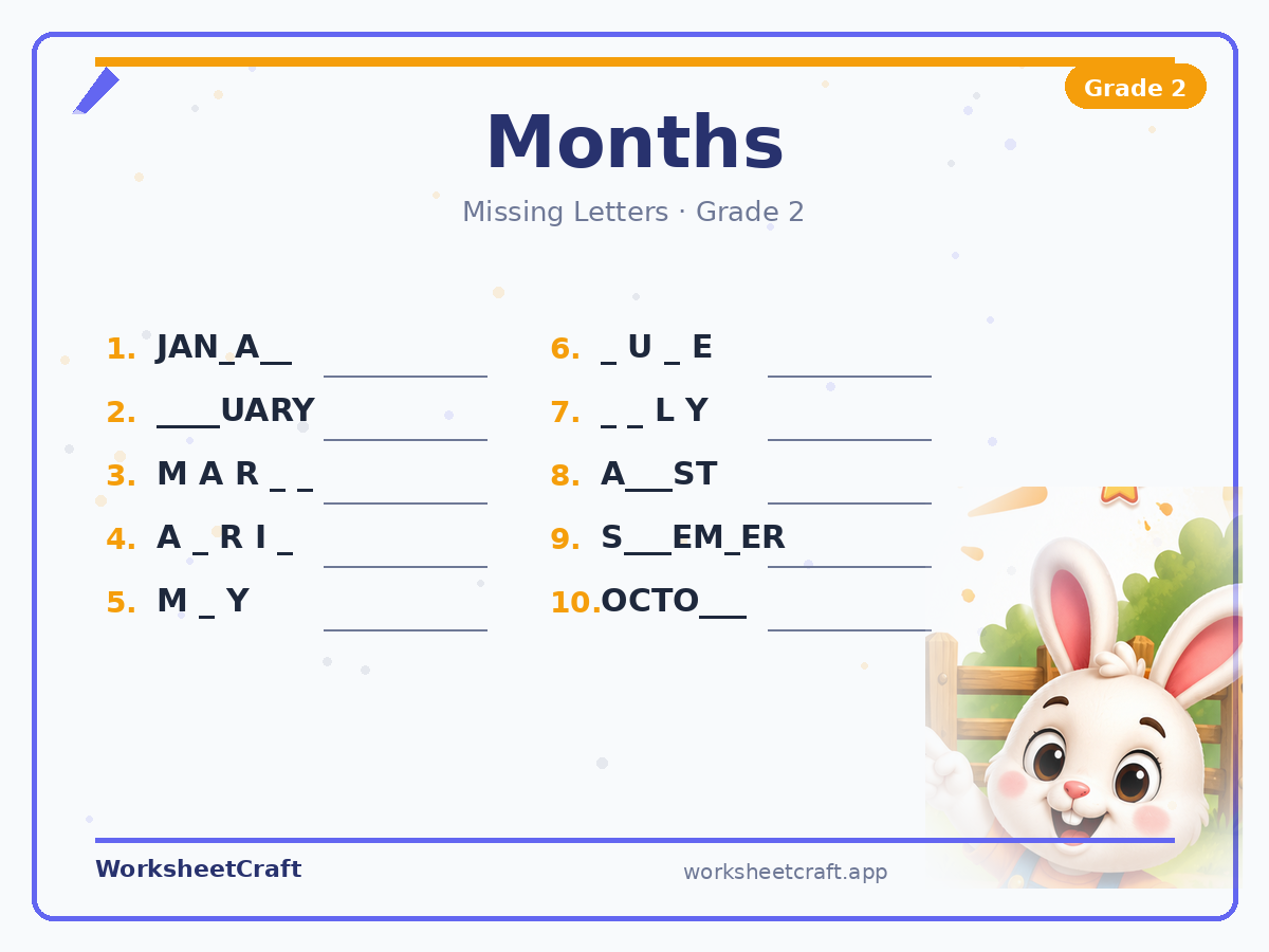 Free printable months Missing Letters worksheet PDF for Grade 2
