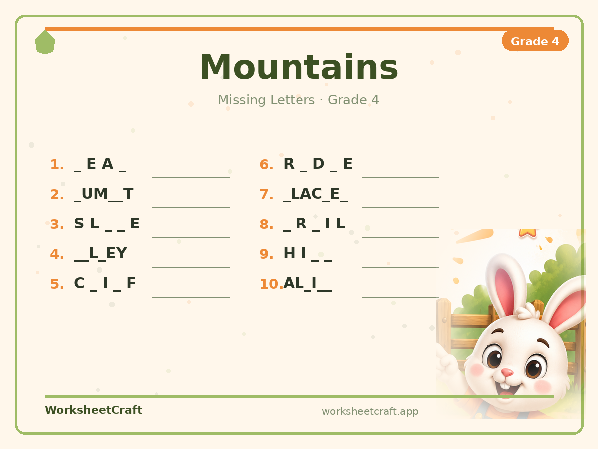 Free printable mountains Missing Letters worksheet PDF for Grade 4