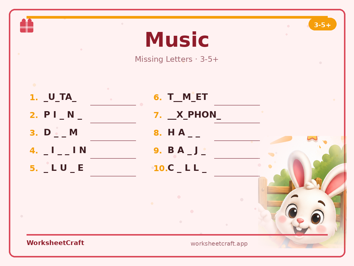 Free printable music Missing Letters worksheet PDF for Grades 3–5+