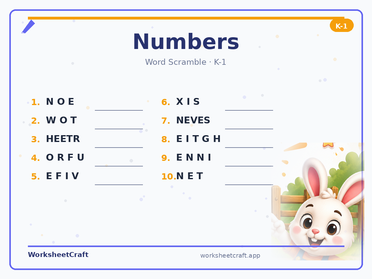 Free printable numbers Word Scramble worksheet PDF for Grades K–1