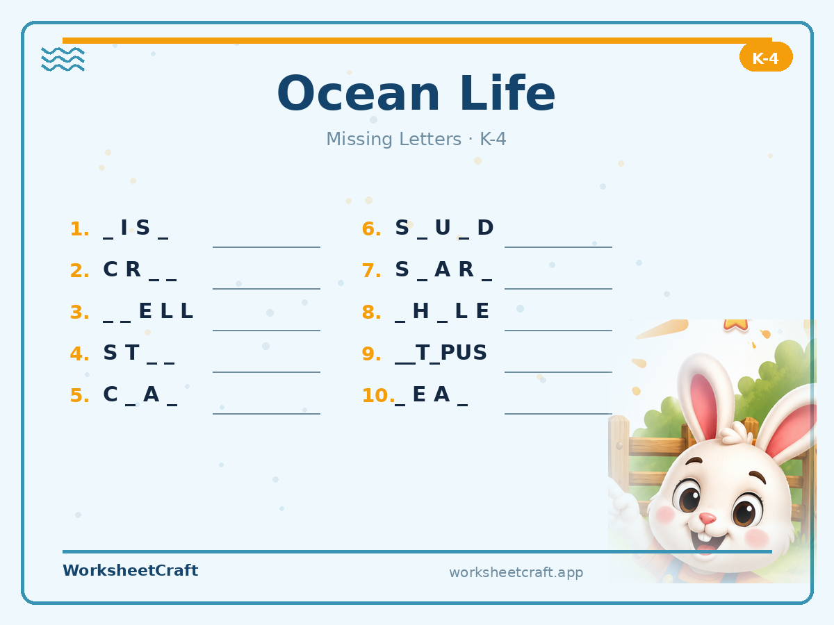 Free printable ocean life Missing Letters worksheet PDF for Grades K–4