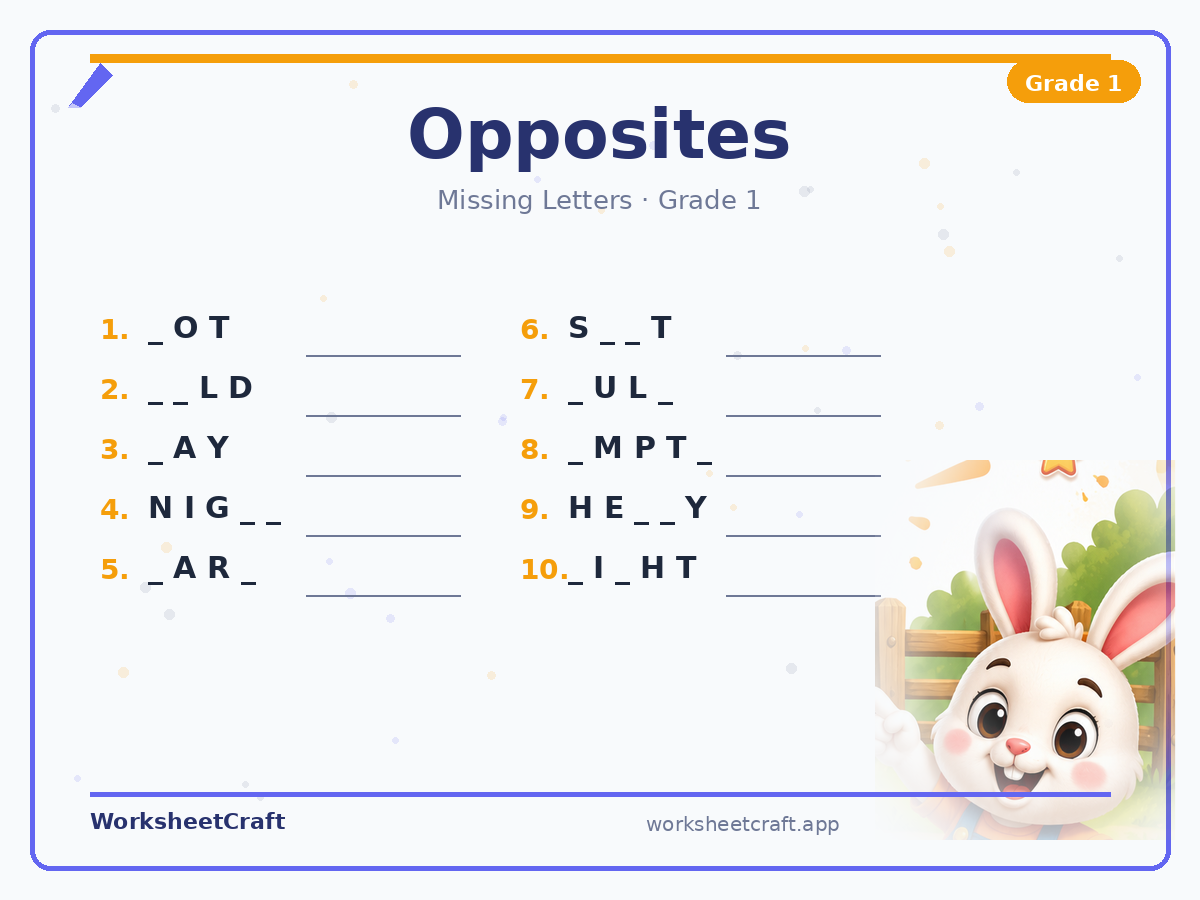 Free printable opposites Missing Letters worksheet PDF for Grade 1