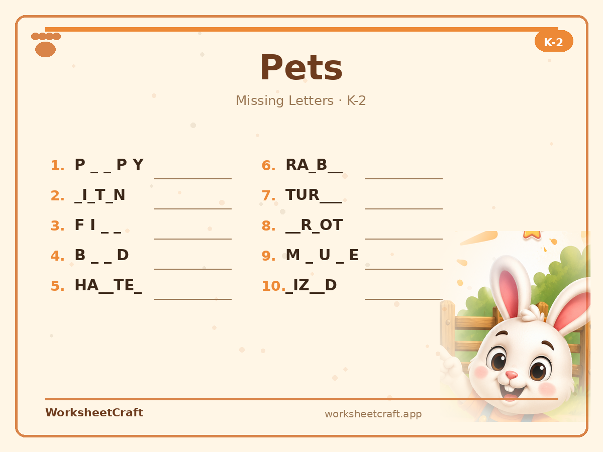 Free printable pets Missing Letters worksheet PDF for Grades K–2