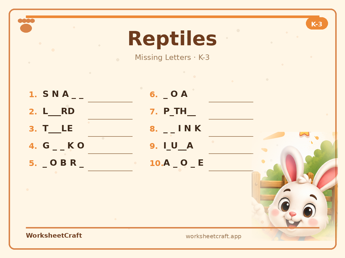 Free printable reptiles Missing Letters worksheet PDF for Grades K–3