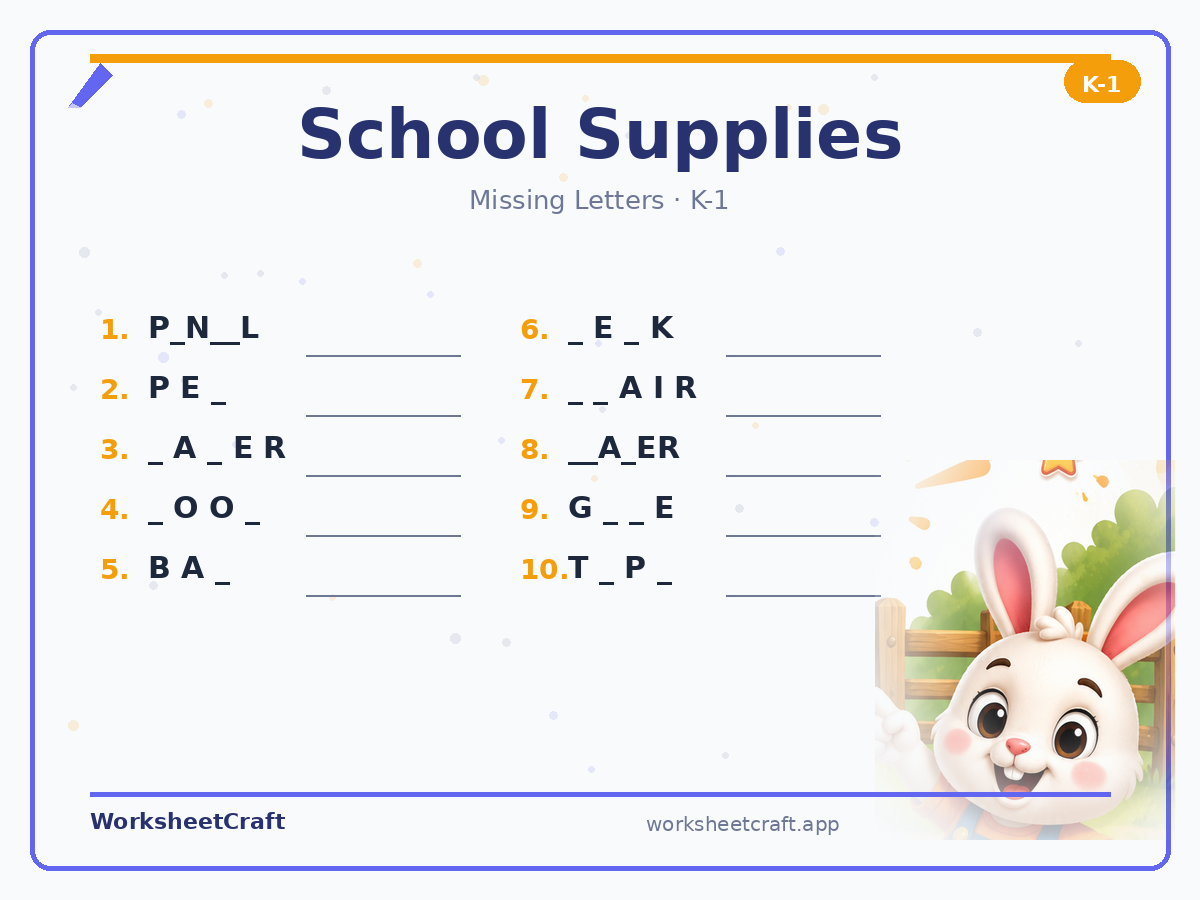 Free printable school supplies Missing Letters worksheet PDF for Grades K–1