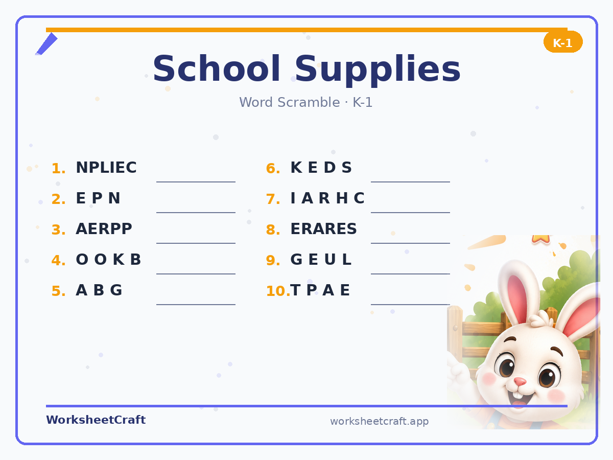Free printable school supplies Word Scramble worksheet PDF for Grades K–1