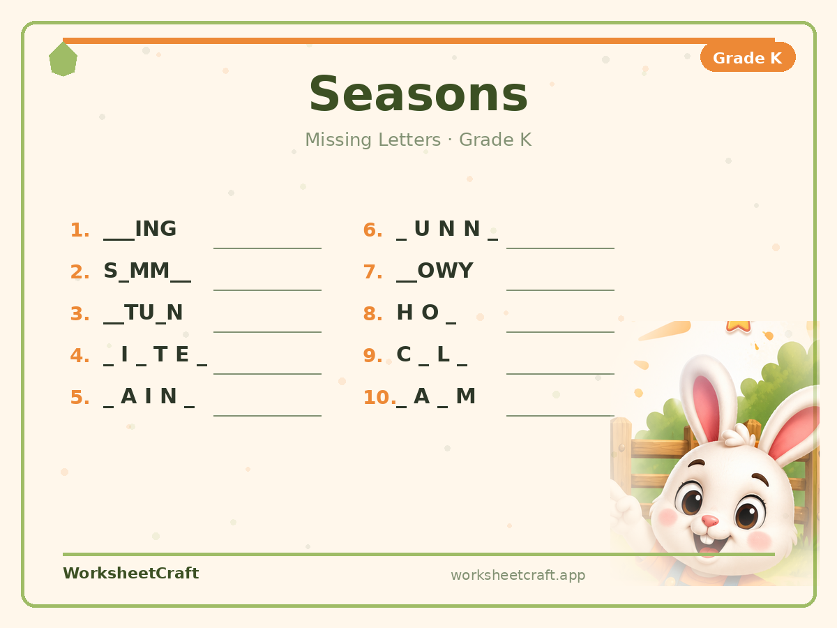 Free printable seasons Missing Letters worksheet PDF for Grade K
