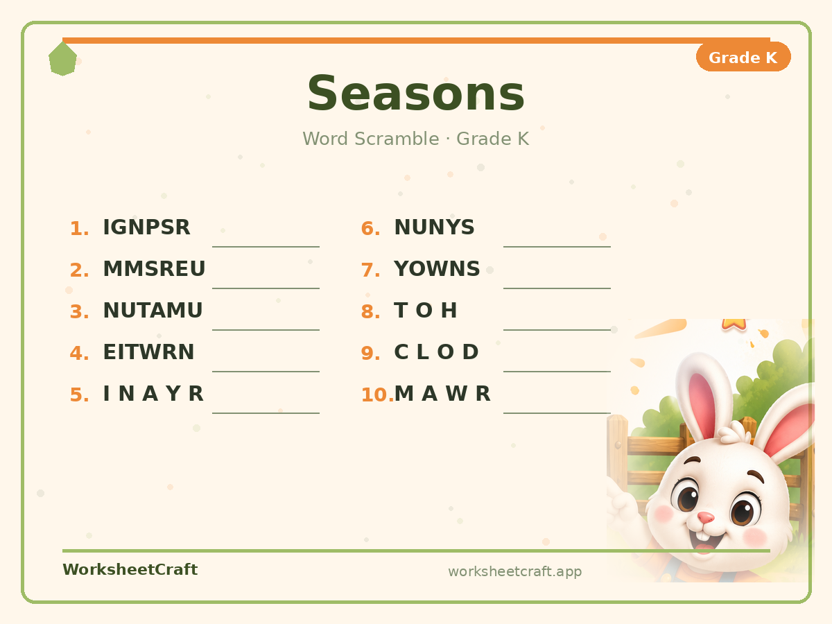 Free printable seasons Word Scramble worksheet PDF for Grade K