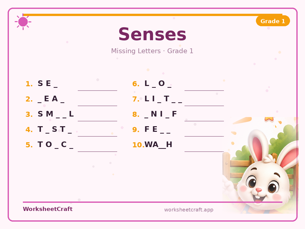 Free printable senses Missing Letters worksheet PDF for Grade 1