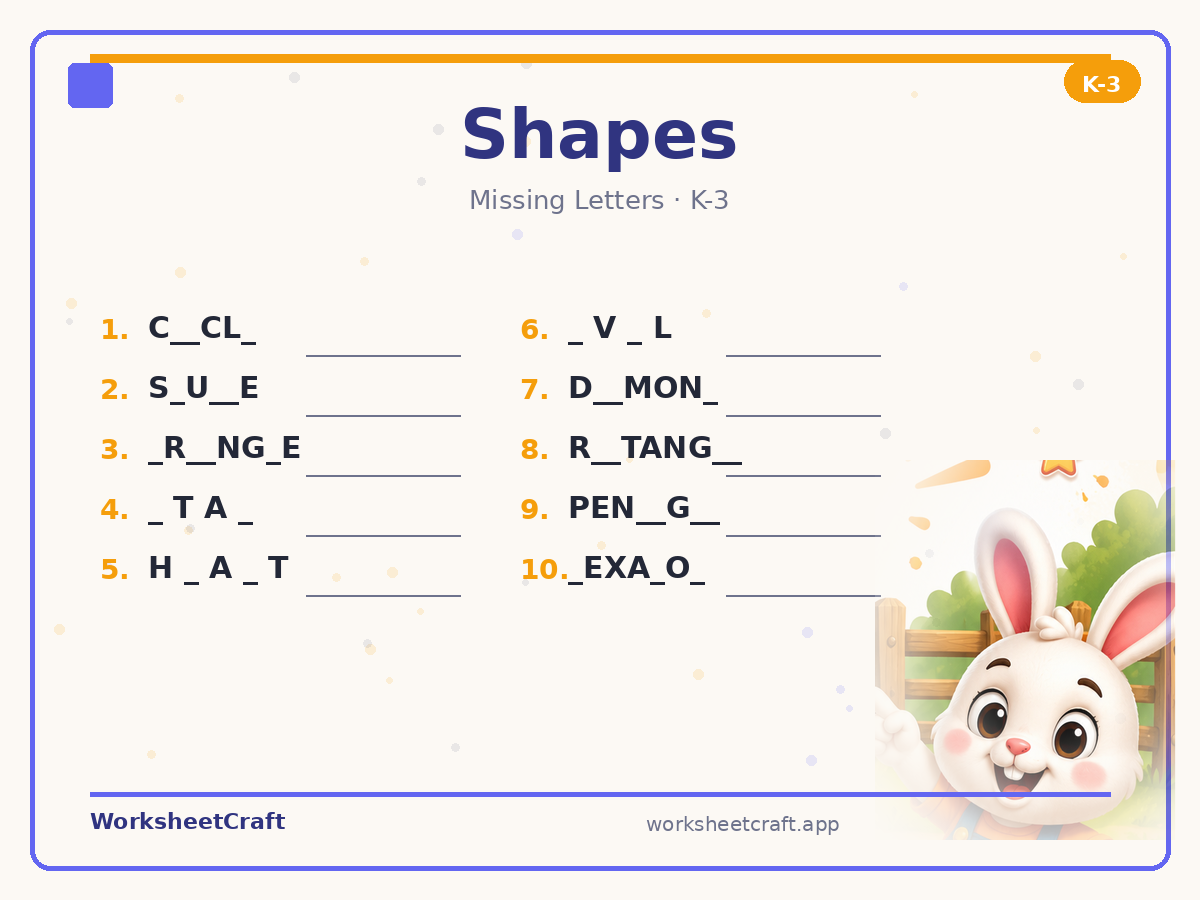 Free printable shapes Missing Letters worksheet PDF for Grades K–3