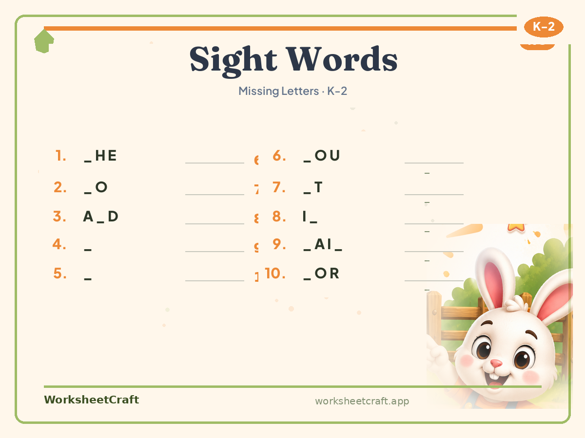 Free printable sight words Missing Letters worksheet PDF for Grades K–2